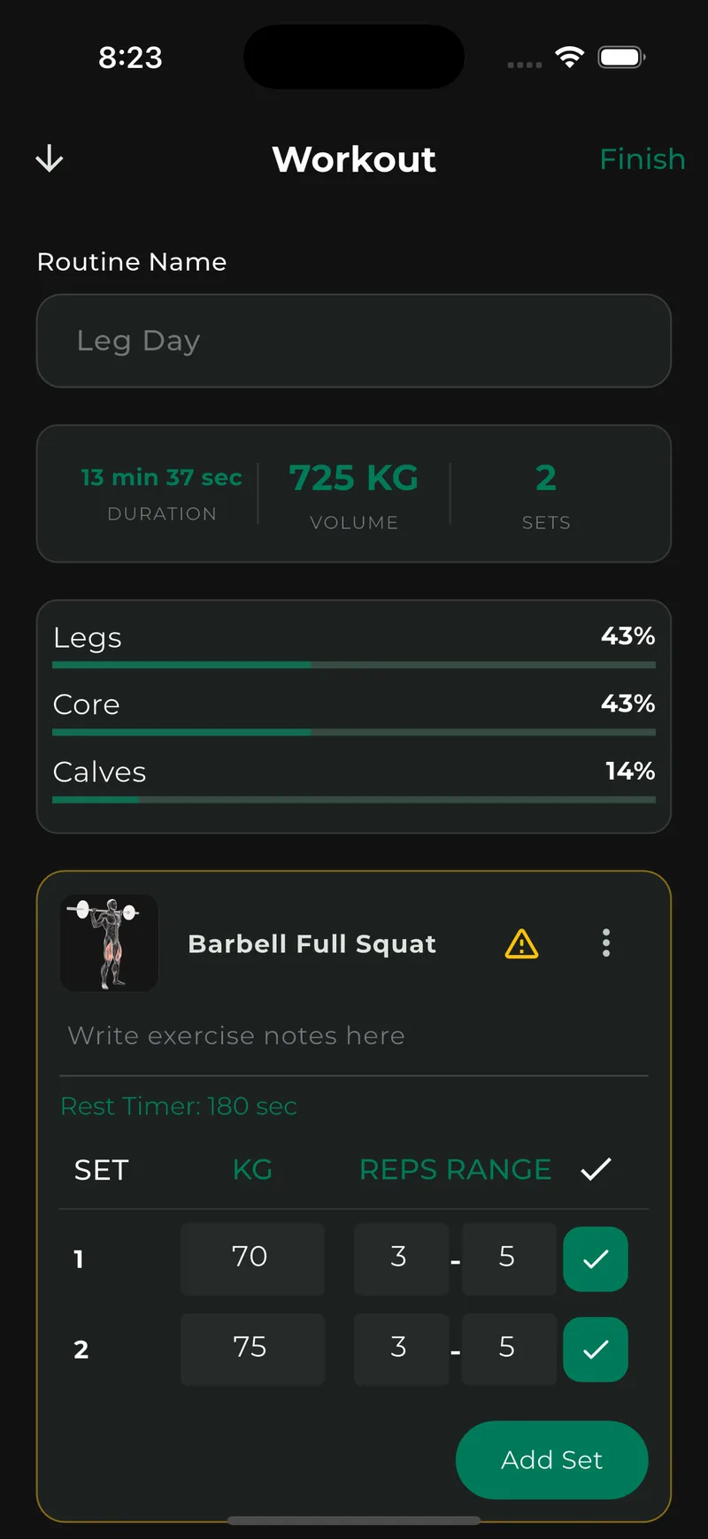 TrackerMax live workout screen on iPhone with the current set and rest controls